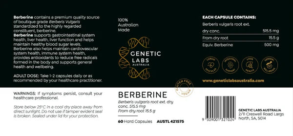 Genetic Labs Australia Berberine Supplement | 60 x 500mg | Australian Made