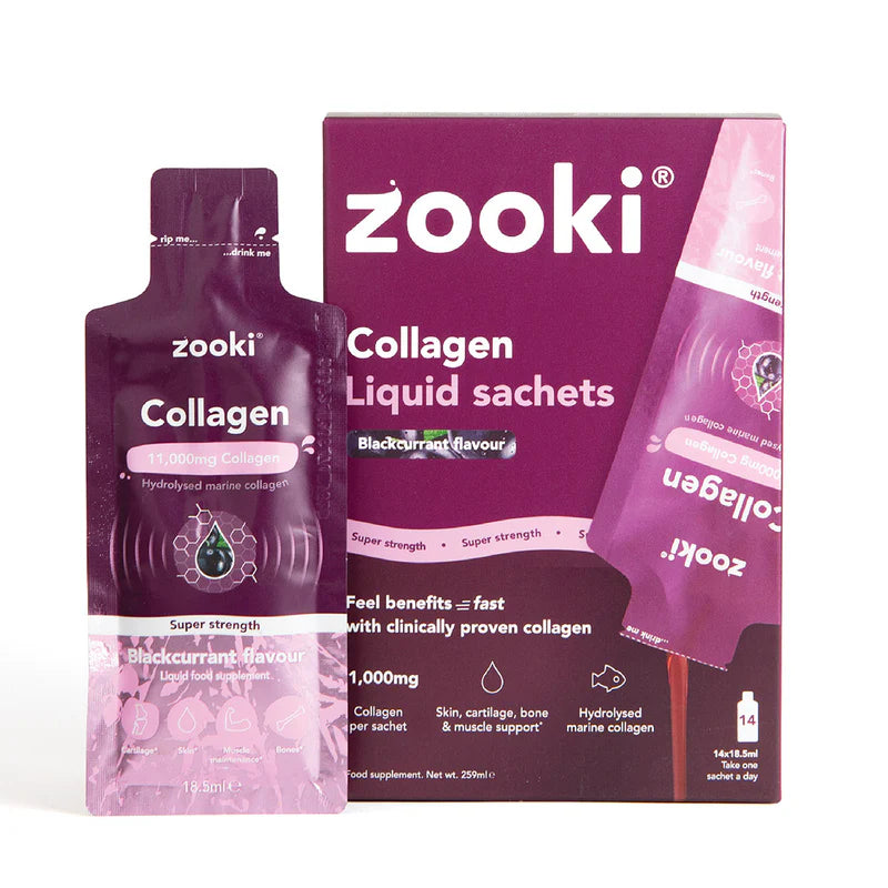Zooki Super Strength Marine Collagen 11,000mg, Blackcurrant Flavour - 30x18.5ml Liquid Sachets