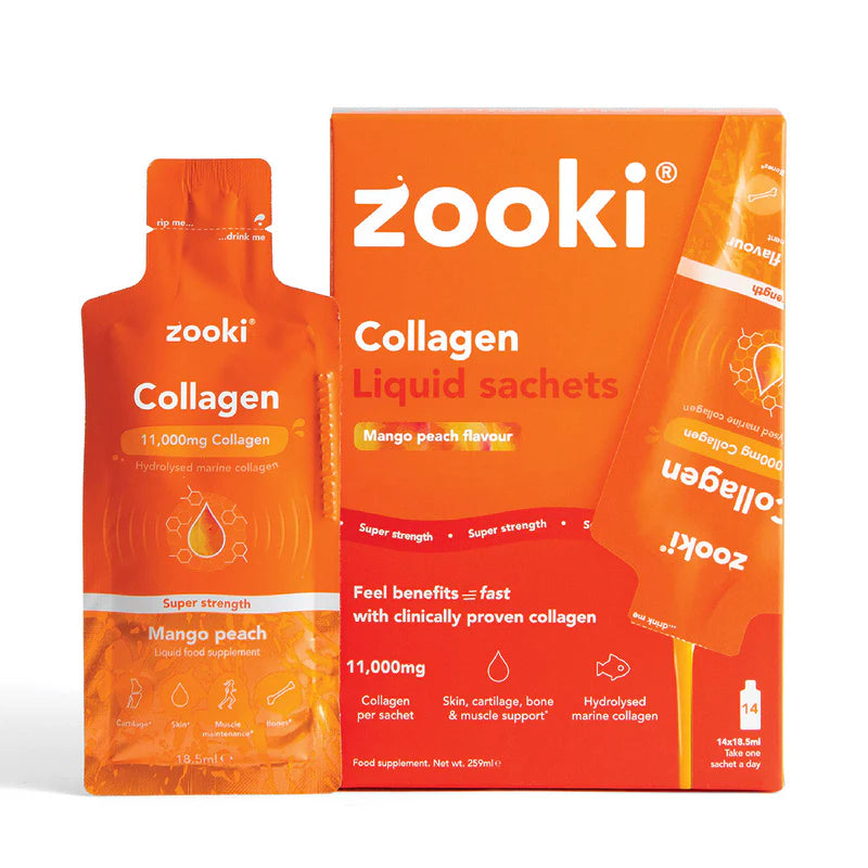Zooki Super Strength Marine Collagen 11,000mg, Mango Peach Flavour - 30x18.5ml Liquid Sachets