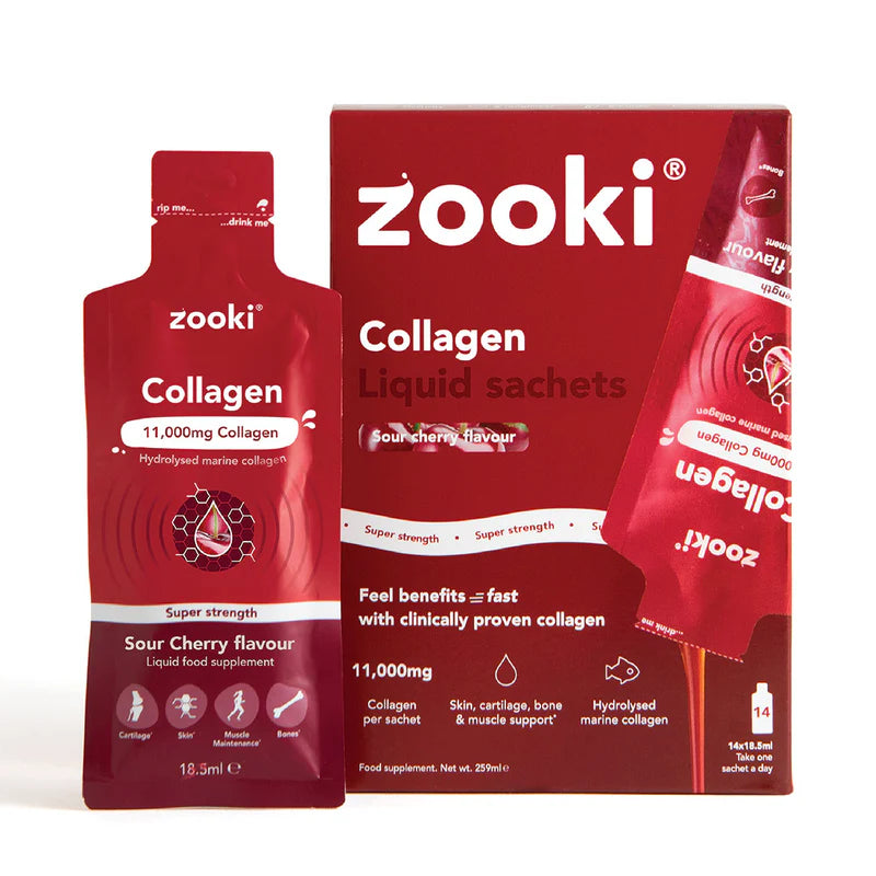 Zooki Super Strength Marine Collagen 11,000mg, Sour Cherry Flavour - 30x18.5ml Liquid Sachets