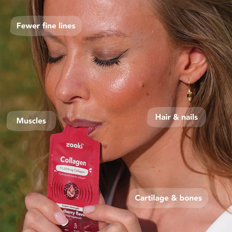 Zooki Super Strength Marine Collagen 11,000mg, Sour Cherry Flavour - 30x18.5ml Liquid Sachets